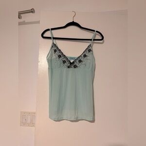 Vintage Sheer Mint Green Camisole Y2K Lingerie Top Black Floral Embroidery & Bow